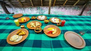 a blue and green table topped with plates of food at Sigiri Jungle Camping in Sigiriya +48 photos