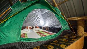 a green tent with a bed in it at Sigiri Jungle Camping in Sigiriya