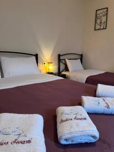 two beds in a hotel room with towels on them at Studio Sevasti in Kala Nera