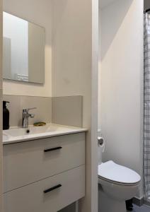 a white bathroom with a sink and a toilet at Studio Douillet in Mâcon +7 photos
