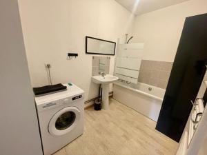 a bathroom with a washing machine and a sink at Business Apparts Caudry in Caudry +50 photos