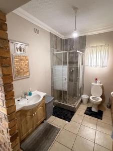 a bathroom with a shower and a sink and a toilet at On Smook in Zeerust +13 photos