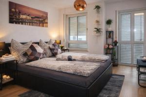 a living room with a couch with pillows on it at Comfortable Apartment on Elbe River in Dresden