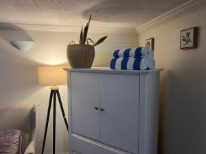 a white cabinet with a plant on top of it at Poolside Hideaway Heated Pool All Year Ideal for Groups Sleeps 6 plus in Victoria
