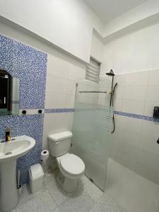 a bathroom with a toilet and a shower and a sink at CEDOTURT Hotel Boutique & Escuela in Santo Domingo +41 photos