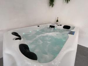 a whale bathtub with a bottle of wine in it at Gite Au Fil du Temps in Walcourt +23 photos