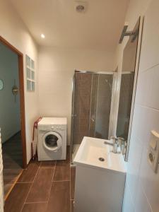 a bathroom with a sink and a washing machine at Cœur de Toucy in Toucy