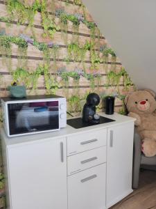 a microwave on a white cabinet in a room with a wall at chambre d'hôte in Pleslin-Trigavou