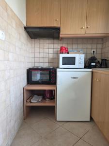 a kitchen with a microwave on top of a refrigerator at Lena's Nest Nafpaktos in Nafpaktos