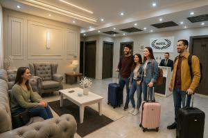 a group of people standing in a lobby with luggage at Karma Cairo Hotel in Cairo