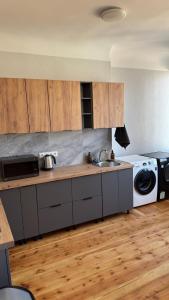 a kitchen with a sink and a washing machine at Smilšu ielas Hostelis in Valmiera