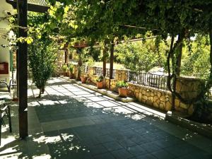 a patio with potted plants and a stone fence at G&P Rooms Matala in Matala +14 photos