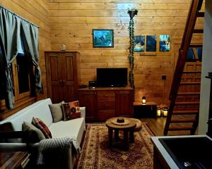 a living room with a couch and a tv at Lorraine's cabin Plitvice in Drežnik Grad