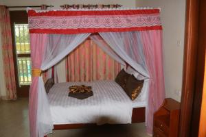 a bed with a canopy in a room with a window at Uhuru 50 Hotel in Kasese
