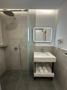 a bathroom with a shower and a sink and a mirror at Villa Billa in Tirana +17 photos