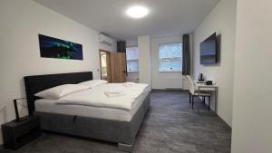 a bedroom with a bed and a desk in it at Apartmány Koruna in Ostrava