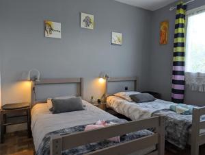 a bedroom with two beds and a window at Gite De La Meronne in Vindelle
