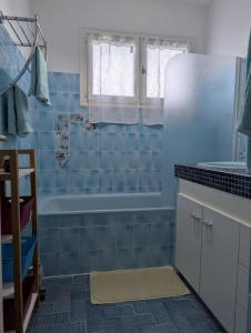 a blue tiled bathroom with a tub and a window at Gite De La Meronne in Vindelle +18 photos