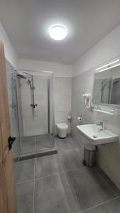 a bathroom with a shower and a sink and a toilet at Apartmány Koruna in Ostrava