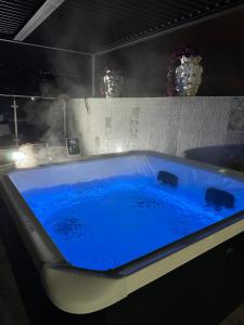a blue tub in a bathroom with two vases at Limoneto Etna View in Giarre
