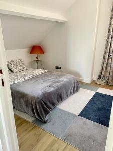 a bedroom with a bed and a red lamp at Maison de vacances campagnes in La Celle-Guénand