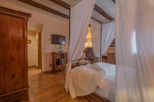 a bedroom with a bed with curtains and a tv at Casona De Torres in Mondéjar