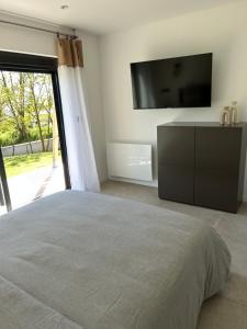 a bedroom with a large bed and a flat screen tv at Cocon proche de Lyon in Neyron
