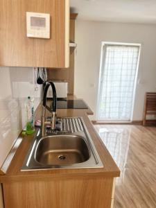 a kitchen with a sink and a counter top at Pension Scheffler in Potsdam +94 photos