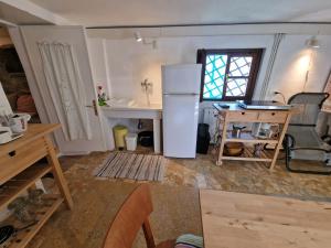 a kitchen with a refrigerator and a table and a window at Le Coccinelle in Pallerone +16 photos