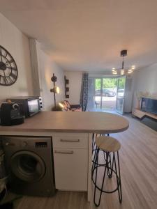 a kitchen with a counter and a washing machine at Studio de l'Armançon in Semur-en-Auxois