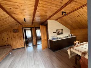 a kitchen in a wooden cabin with a sink at Тростян та річка in Slavske