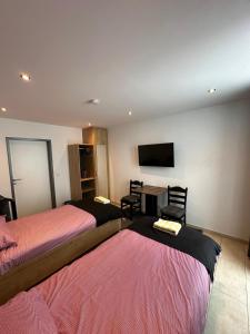 a bedroom with two beds and a table and a tv at Studio 21 in Hasselroth
