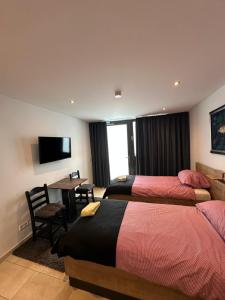 a hotel room with two beds and a table and a television at Studio 21 in Hasselroth