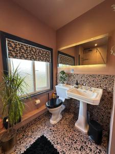 a bathroom with a sink and a toilet and a mirror at Comfortable Room or Whole House - 4BR 1BATH 1TOILET at Suffolk Pink House, Newmarket in Newmarket