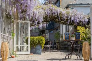 a pergola covered in wisteria hanging over a patio at Le clos aux roses in Chédigny