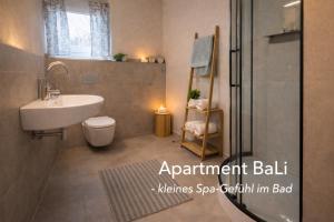 a bathroom with a sink and a toilet and a shower at Apartment_BaLi in Linkenheim-Hochstetten