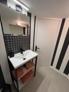 a bathroom with a sink and a mirror at Les Acacias in La Milesse +11 photos