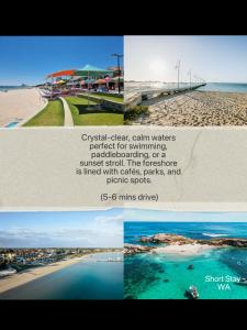 eine Collage aus Bildern von einem Strand und dem Meer in der Unterkunft Rustic PepperTree Views in Rockingham