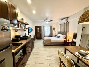 a room with a kitchen and a bedroom with a bed at Stylish Apartments - FREE Bikes, Nice Area & Cozy Patio, 10 Minutes to Airport in Belize City