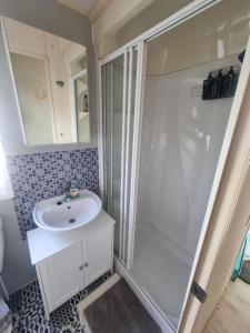 a bathroom with a shower and a sink at 3 bed 2 bath Static on parkdean morecambe in Morecambe +11 photos
