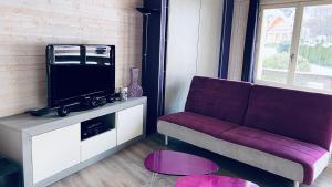 a living room with a purple couch and a tv at Le Cercle des Neiges Étoilé in Métabief
