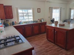 a kitchen with wooden cabinets and a stove top at Fijay Bay Inn in Carriacou