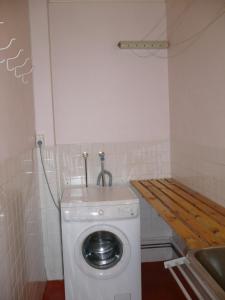 a washing machine in a small bathroom with a counter at HI Borlaug Vandrerhjem in Borgund