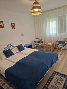 a bedroom with a large bed with a blue blanket at Stuffino Crisan in Crisan
