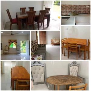 a collage of photos of a table and chairs at Homestay kampung dusun in Balik Pulau