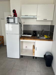 a kitchen with a white refrigerator and a microwave at studios N5 in Le Mans