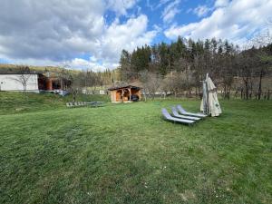two lounge chairs and an umbrella in a field at Biutiful Bungalow in Vişeu de Sus