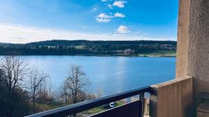 a view of a large lake from a balcony at Le Reflet du Lac in Malbuisson