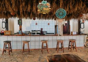 a bar with four wooden stools in a restaurant at Dana beach camp in Nuweiba +40 photos