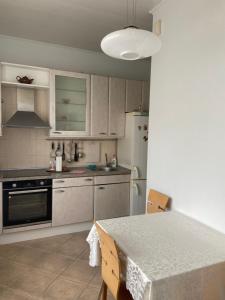 a kitchen with a table and a refrigerator at Imanta Apartment in Daugavpils